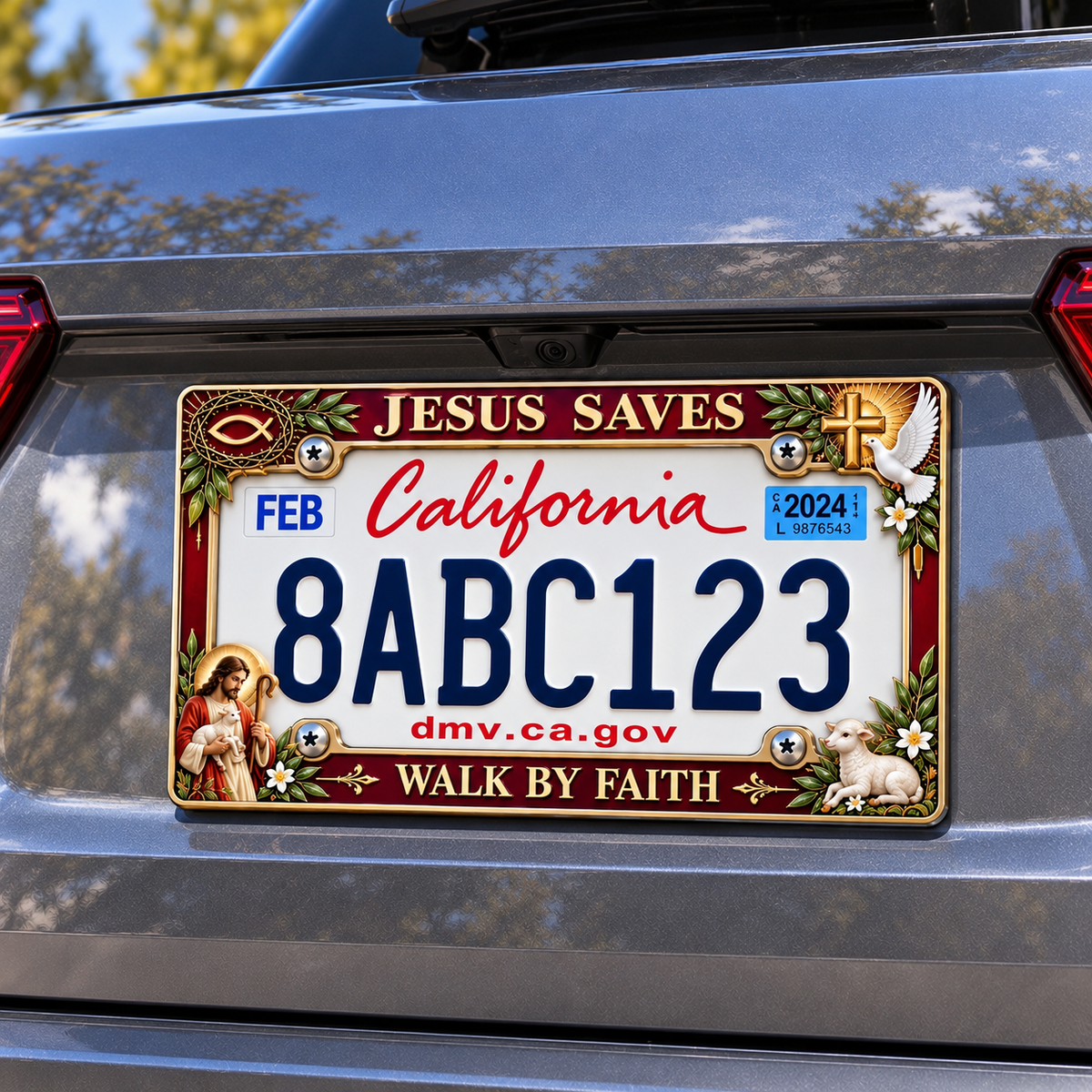 🐑🕊️ “Jesus Saves – Walk by Faith” Jesus Commemorative Metal License Plate Frame