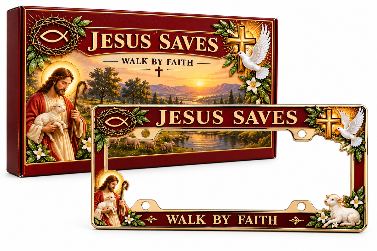 🐑🕊️ “Jesus Saves – Walk by Faith” Jesus Commemorative Metal License Plate Frame