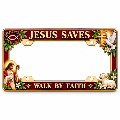 🐑🕊️ “Jesus Saves – Walk by Faith” Jesus Commemorative Metal License Plate Frame