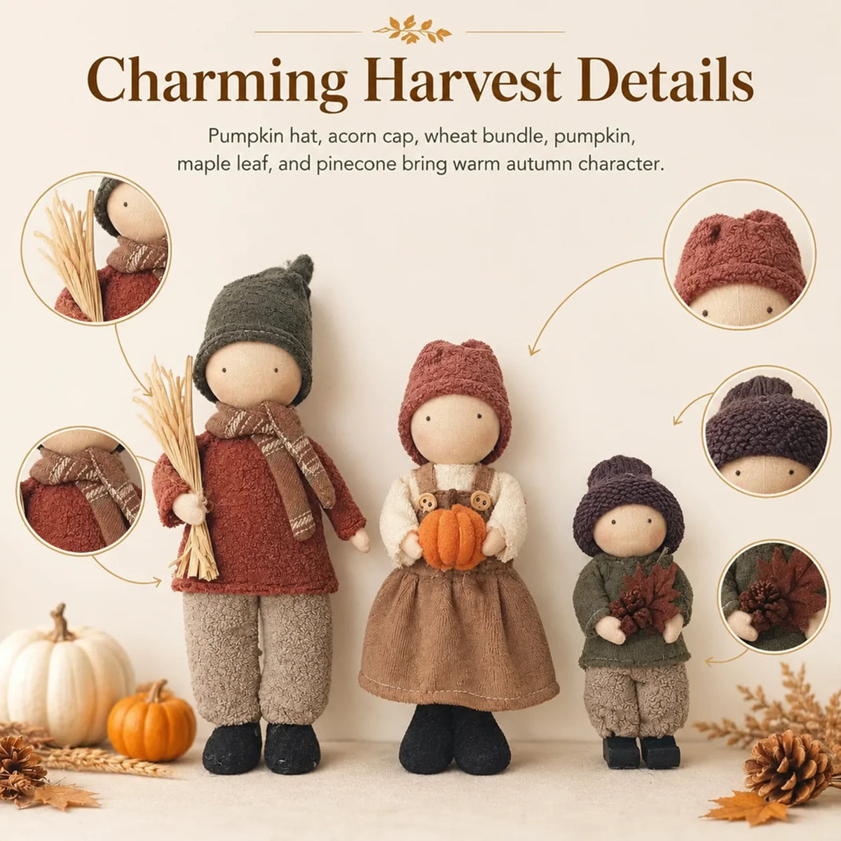 🍁Set of 3 Rustic Fall Harvest Doll Figurines