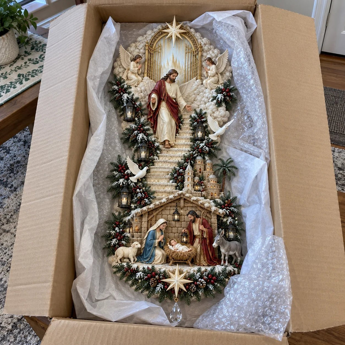 ✨ Jesus Light of Heaven Christmas Wall Hanging | Illuminated Nativity Stairway Decor ✝️
