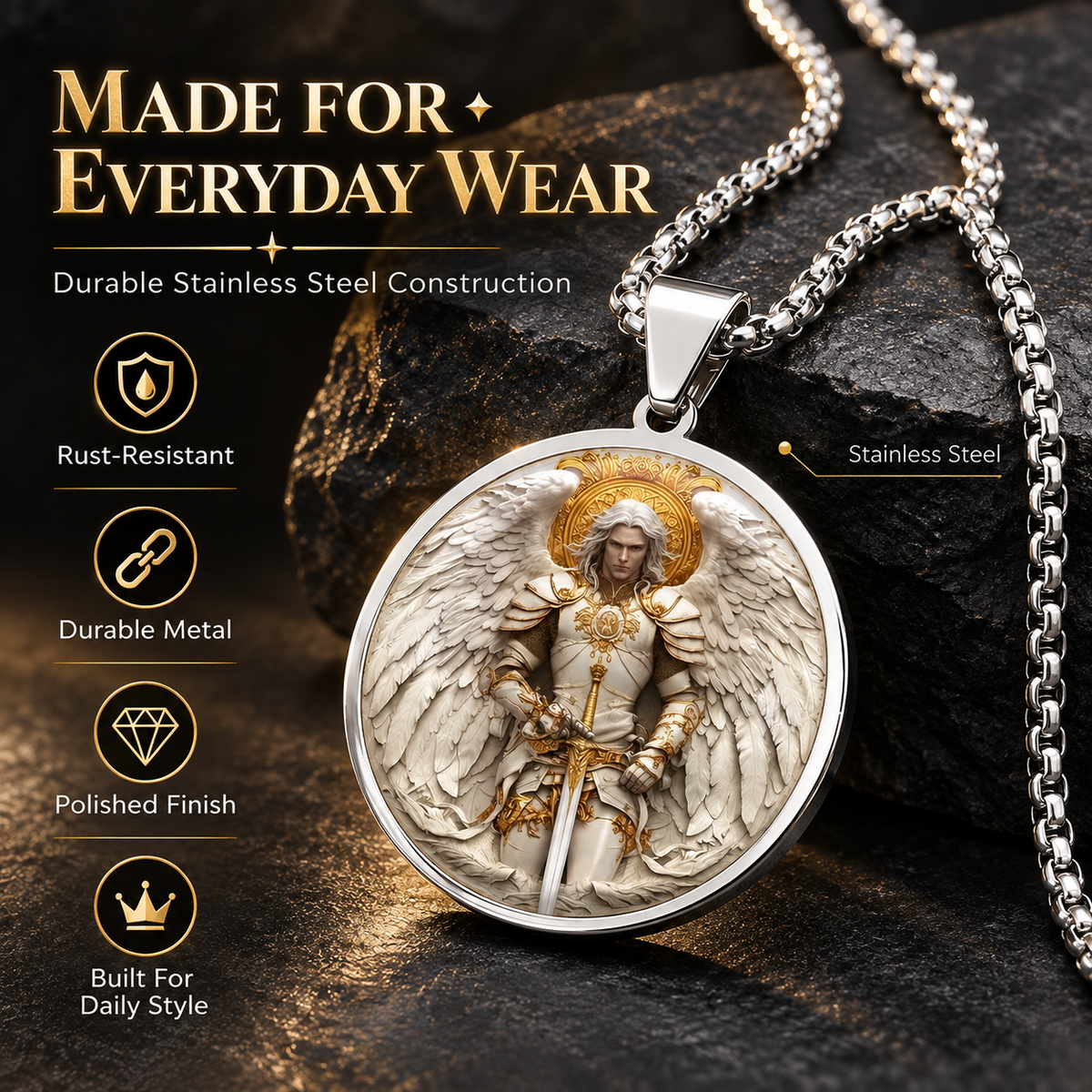 Angel Warrior Pendant Necklace for Men — Faith, Strength & Protection