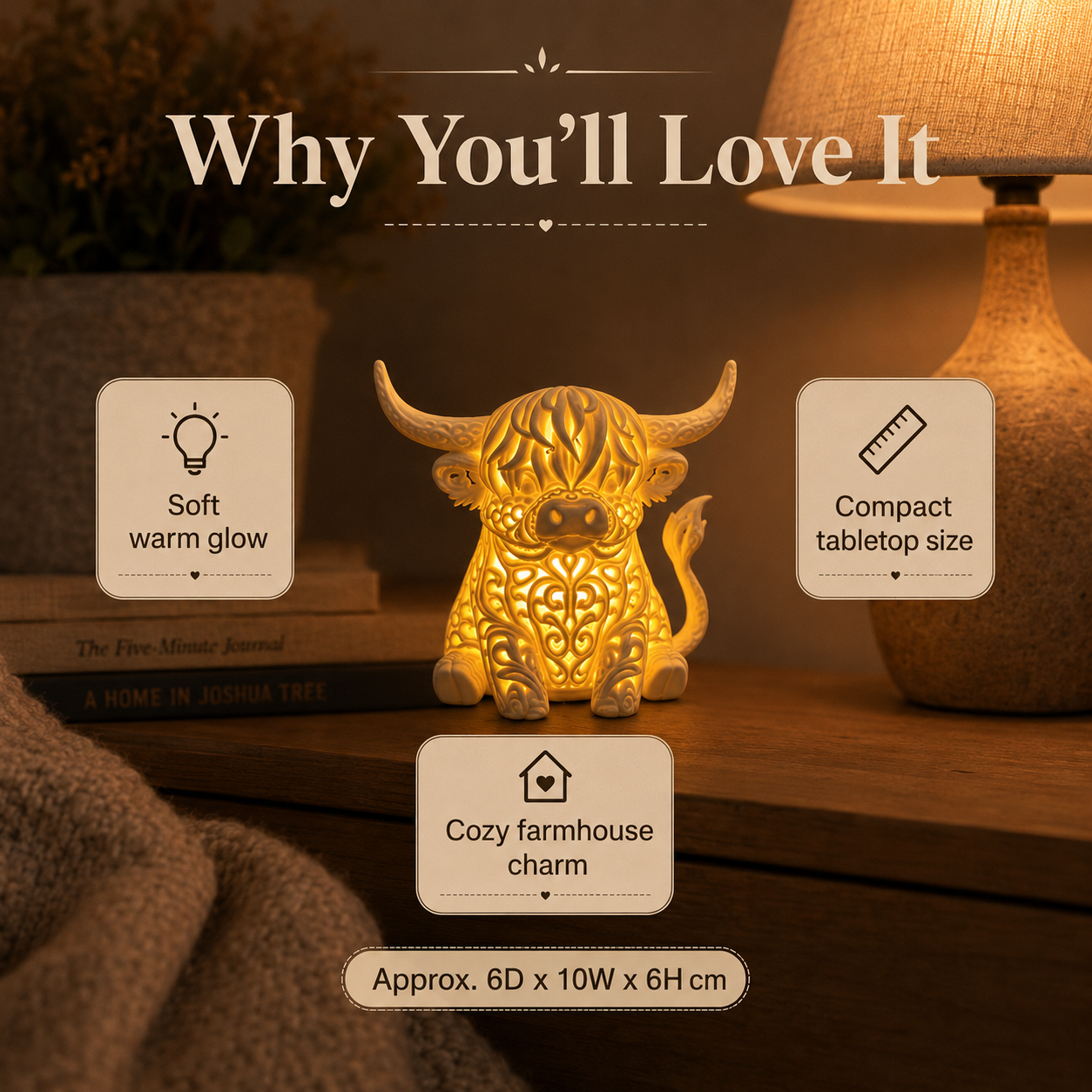 🐮 Cozy Highland Cow Glow Ornament – Palm-Sized Farmhouse Light ✨