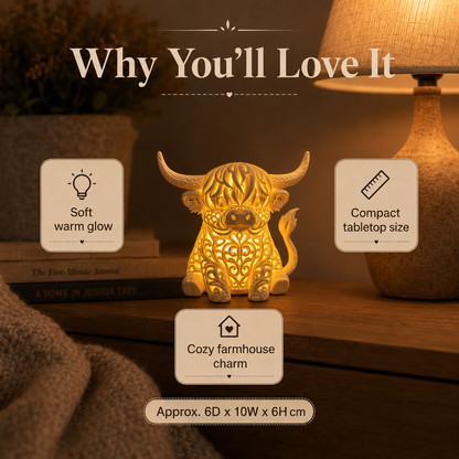 🐮 Cozy Highland Cow Glow Ornament – Palm-Sized Farmhouse Light ✨