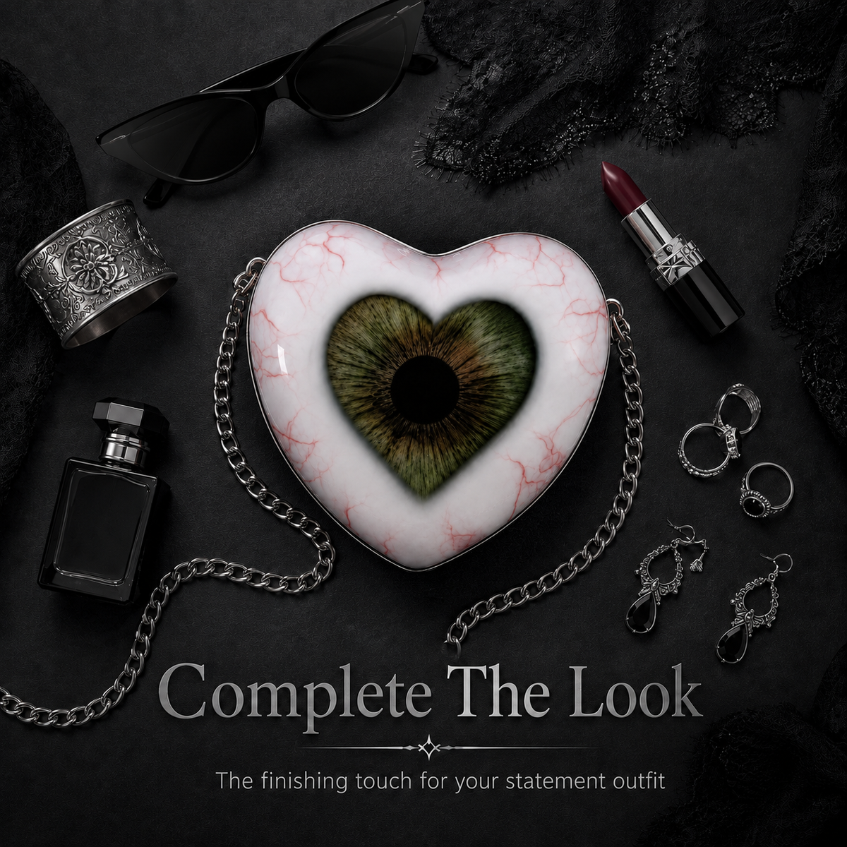 Gothic heart eye bag styled with dark fashion accessories