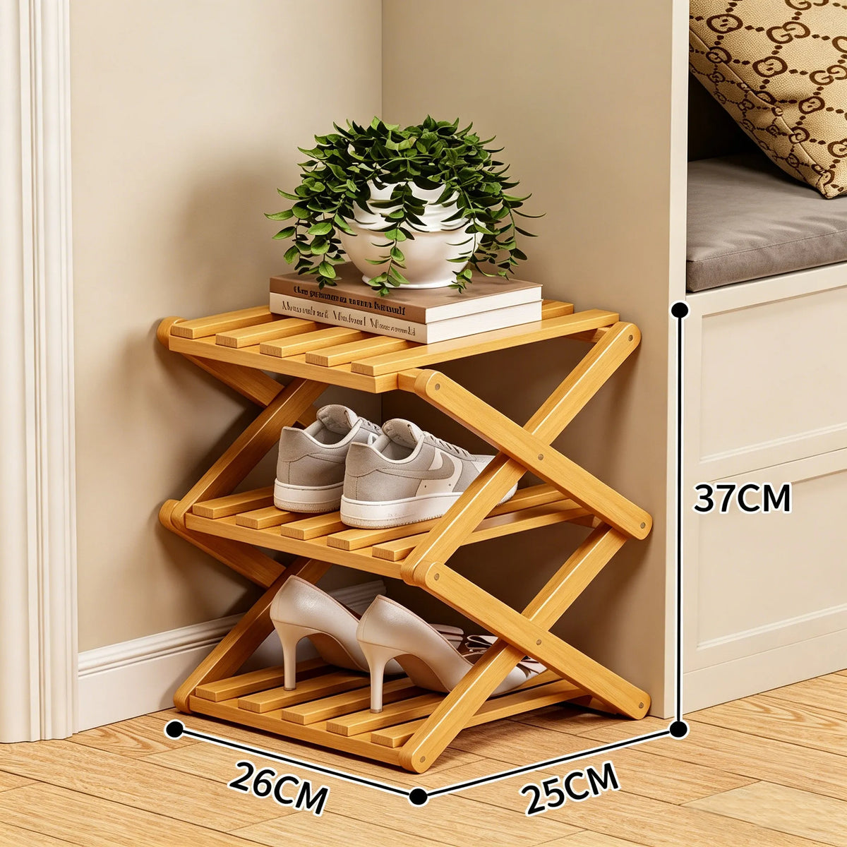 🌿 3-Tier Folding Bamboo Shoe Organizer in Natural Wood | Ready to Use, No Assembly Needed