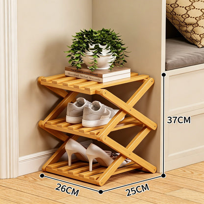 🌿 3-Tier Folding Bamboo Shoe Organizer in Natural Wood | Ready to Use, No Assembly Needed