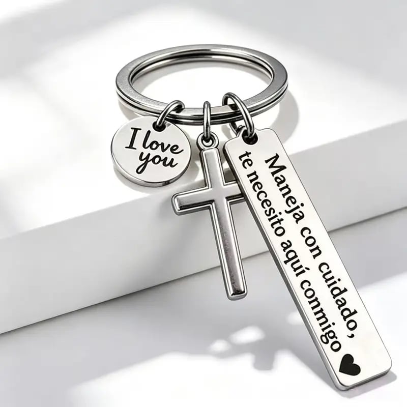 Keychain with Cross and "I Love You" Charm