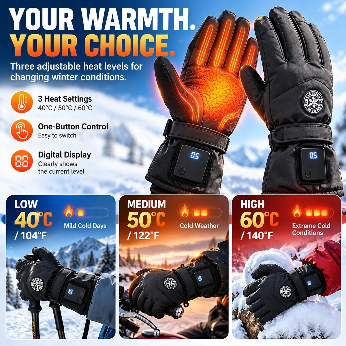 🔥 Rechargeable Heated Gloves with 3 Heat Levels – Waterproof Touchscreen Protection for Cold Weather ❄️