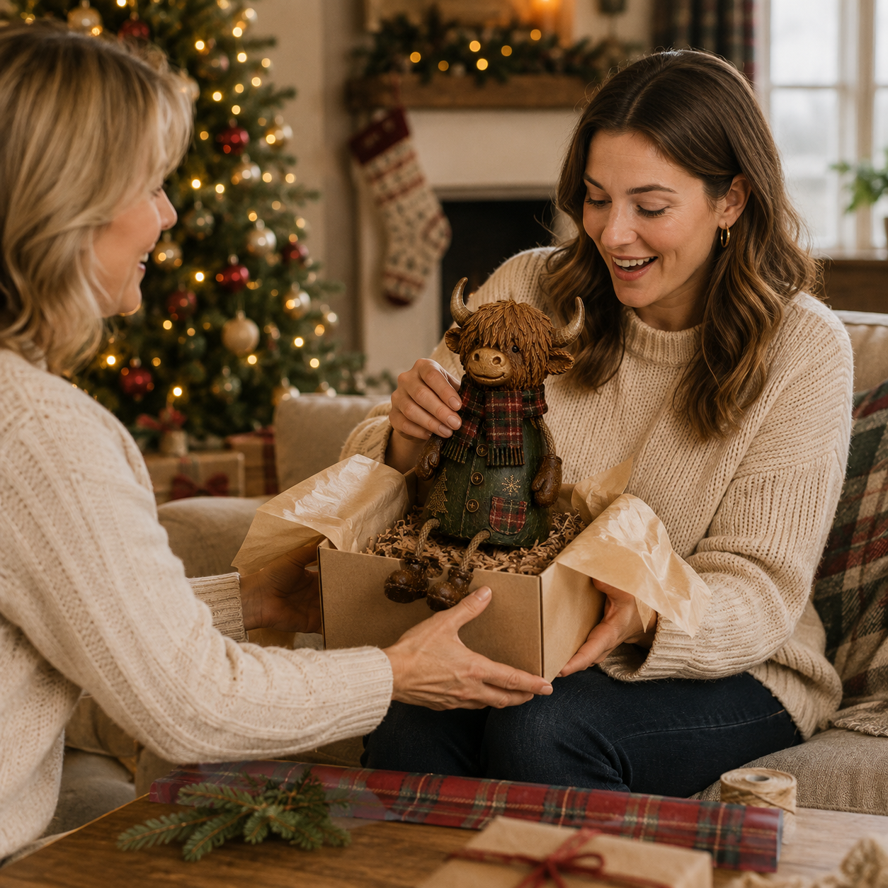 Festive Highland Cow Shelf Sitter in a rustic Christmas home setting