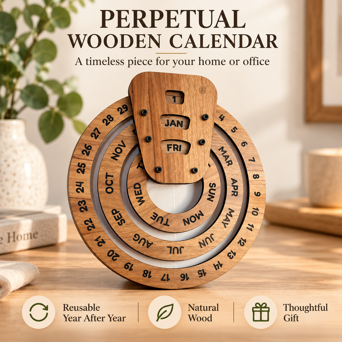 📅 Everlasting Wooden Calendar – Reusable Desk Organizer for Home or Office Decor