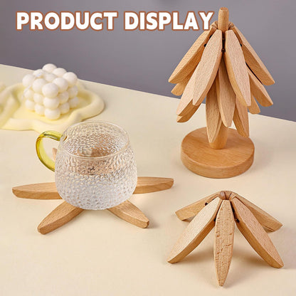 Christmas Tree Trivet Set 🎄 4 Natural Walnut Wood Heat Mats with Festive Display Stand 🎁 50% Off Early Holiday Deal