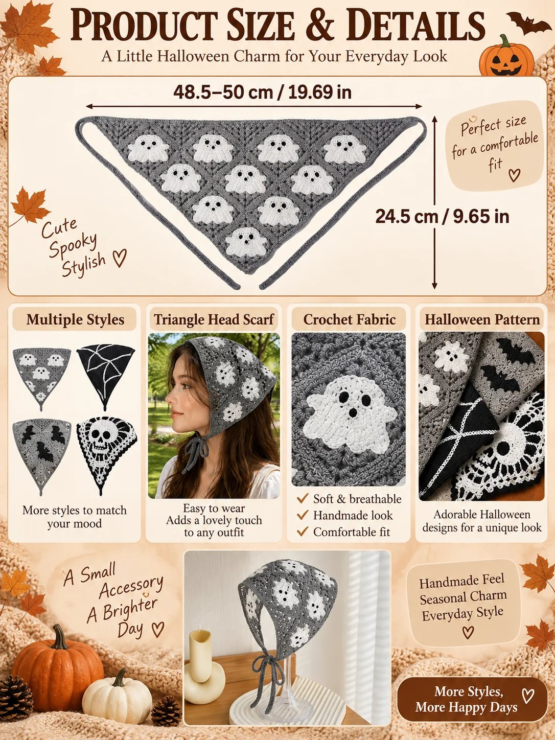 🔥HOT SALE🔥🎃 Halloween Style Deal – Boho Ghost Print Head Scarf 👻 Cute Seasonal Hair Accessory for Festive Looks 🦇
