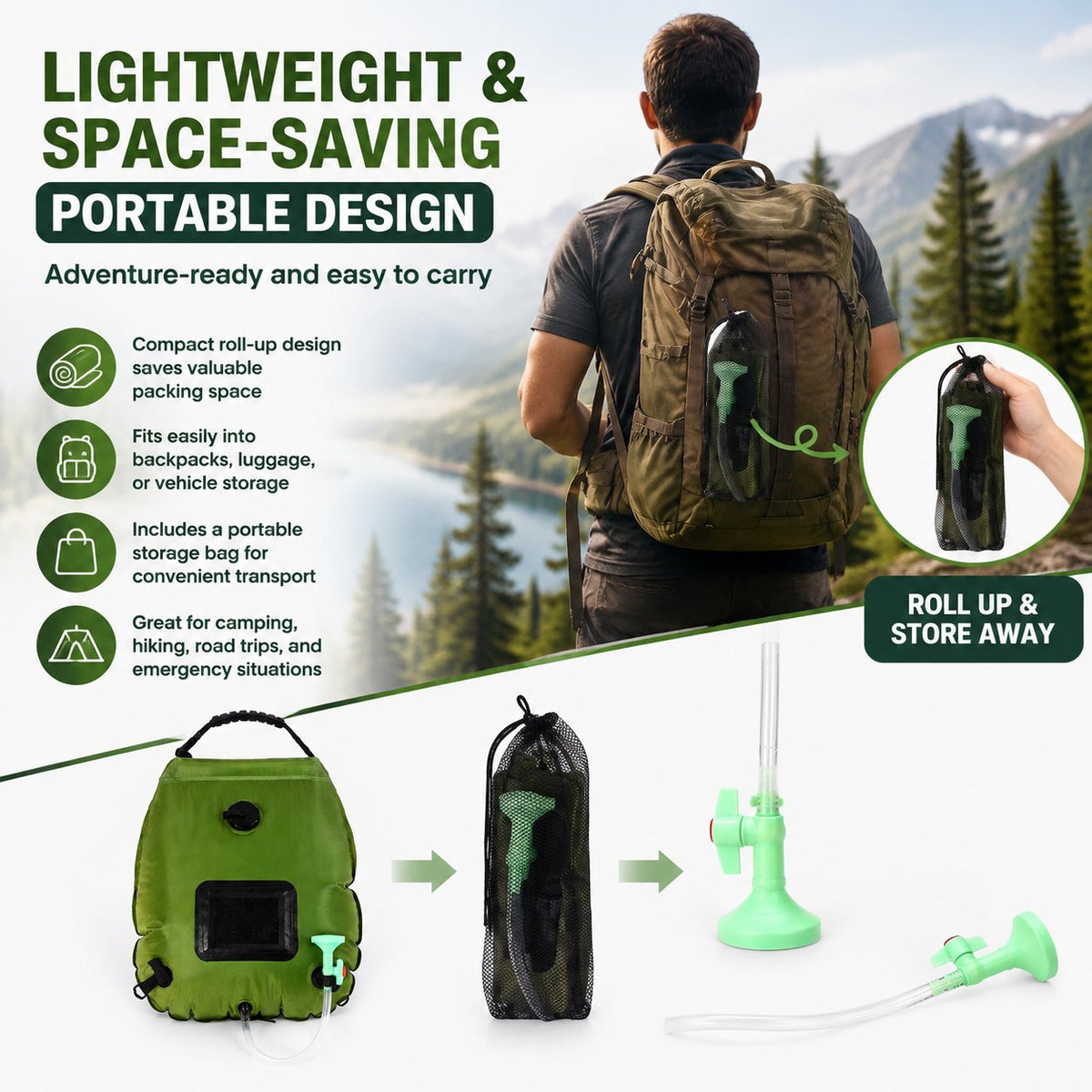 ☀️ Portable Solar-Heated Camp Shower Bag with Easy-Carry Handle – Outdoor Wash Kit, Green 🚿