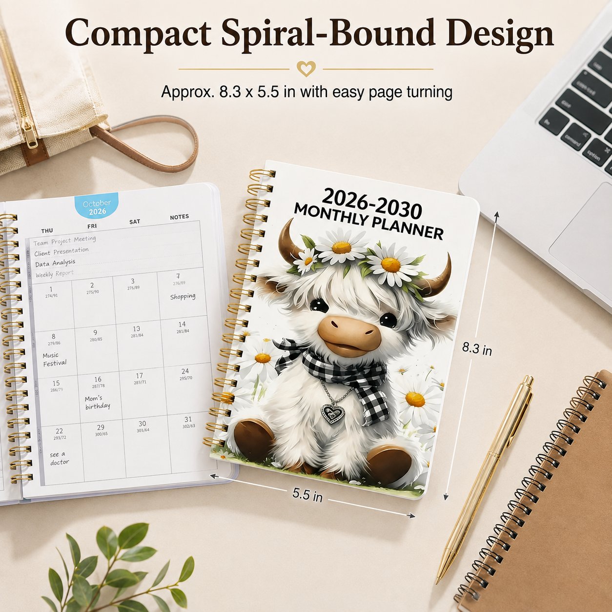 🔥LAST DAY 49% OFF - 🐮 2026–2030 Monthly Planner ✨ Cute Highland Cow 5-Year Calendar | Large Monthly Blocks for Long-Term Planning