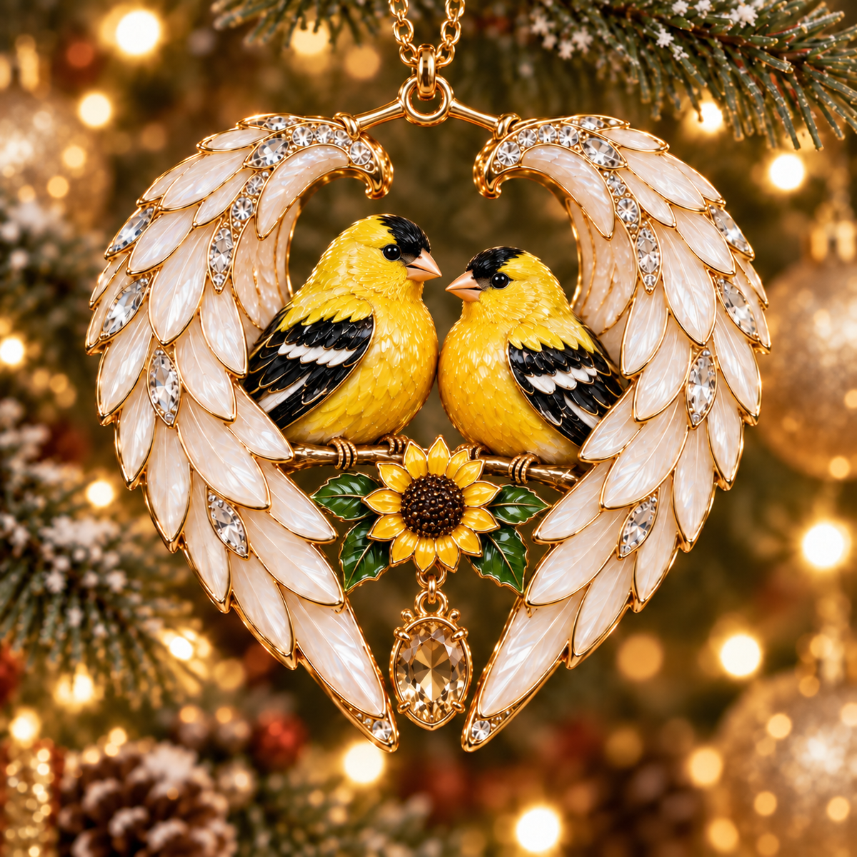 Goldfinch Pair and Sunflower angel wing heart Christmas ornament