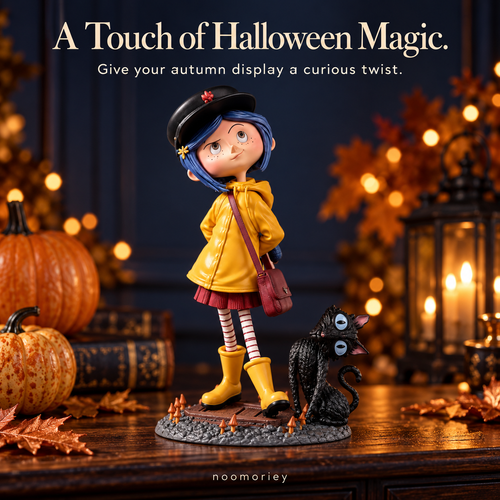 💛 A Little Mystery, A Lot of Charm – Raincoat Girl & Black Cat Collectible Figurine for Halloween & Year-Round Display 🐈‍⬛