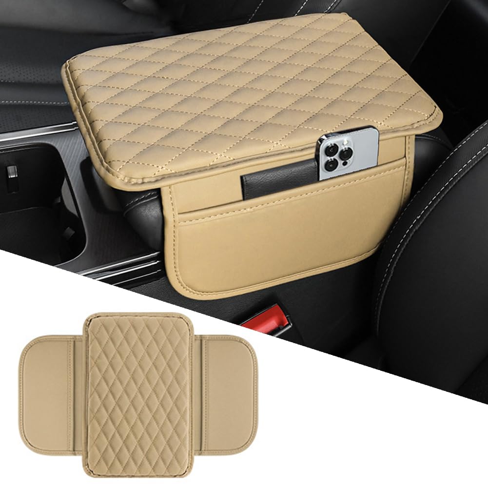 🚗 Leather Console Armrest Cushion with Dual Storage Pockets – Universal Lid Protector & Car Organizer