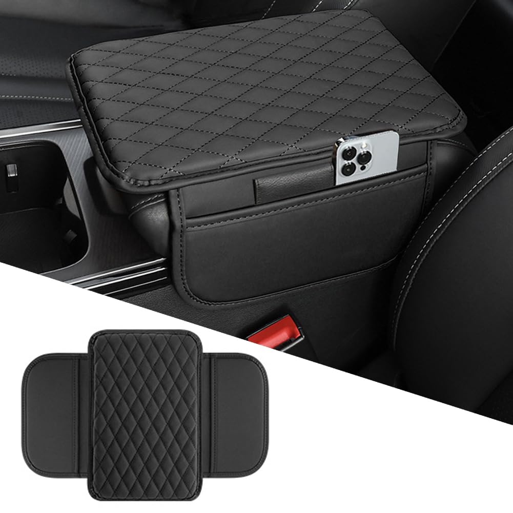 🚗 Leather Console Armrest Cushion with Dual Storage Pockets – Universal Lid Protector & Car Organizer