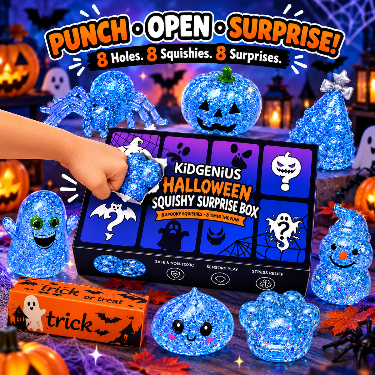 Midnight Blue glitter squishies with their surprise box