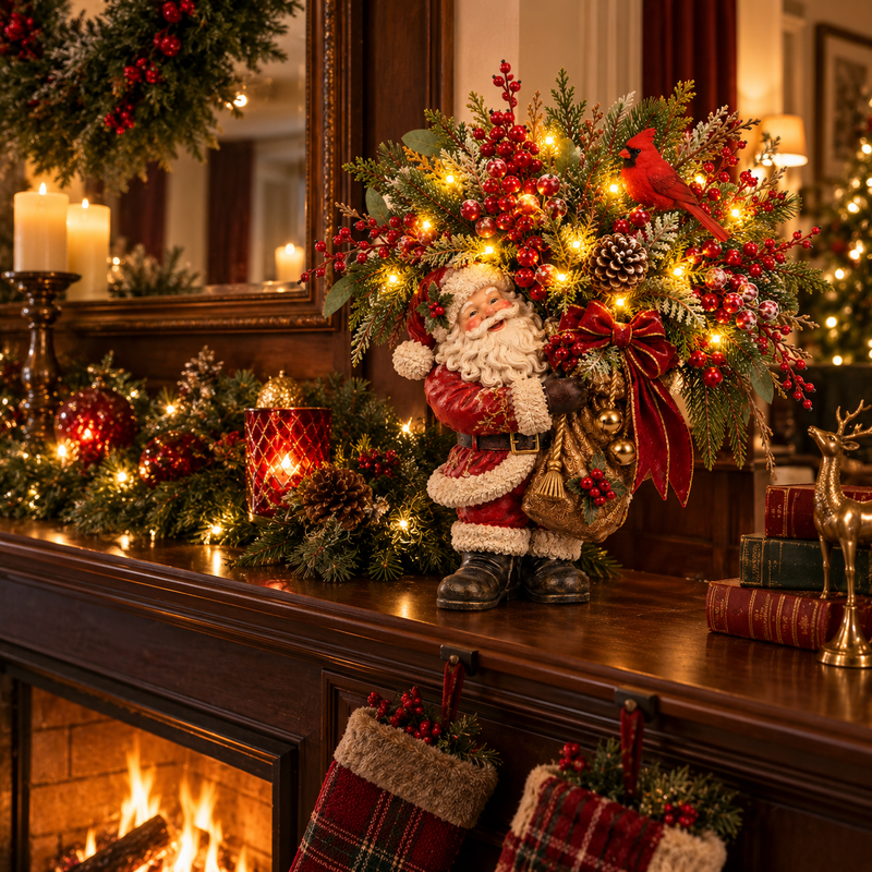 Lighted Santa & Cardinal Christmas Arrangement with Remote & Timer