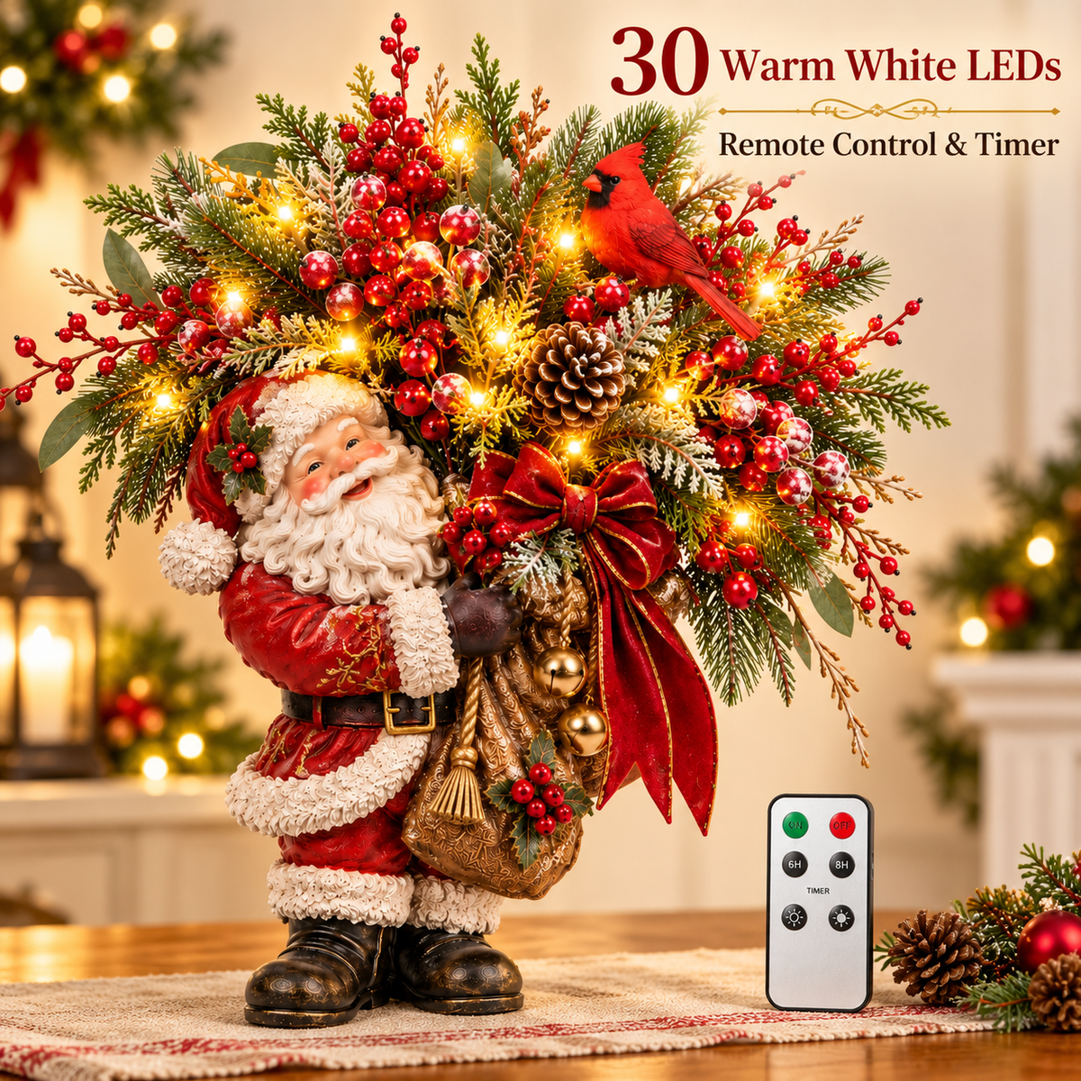 Lighted Santa & Cardinal Christmas Arrangement with Remote & Timer