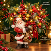 Lighted Santa & Cardinal Christmas Arrangement with Remote & Timer