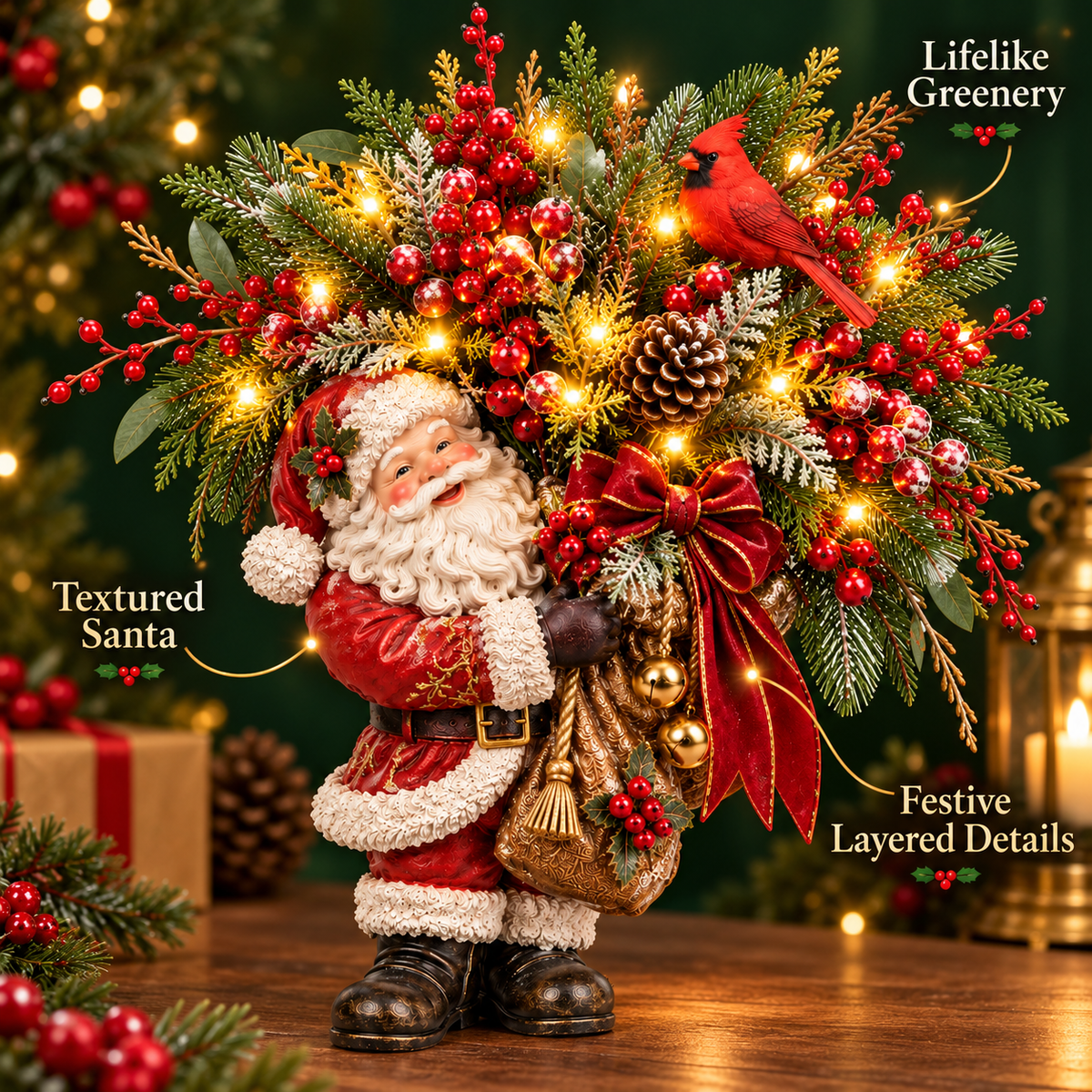 Lighted Santa & Cardinal Christmas Arrangement with Remote & Timer