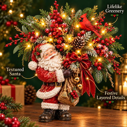 Lighted Santa & Cardinal Christmas Arrangement with Remote & Timer