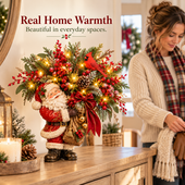 Lighted Santa & Cardinal Christmas Arrangement with Remote & Timer
