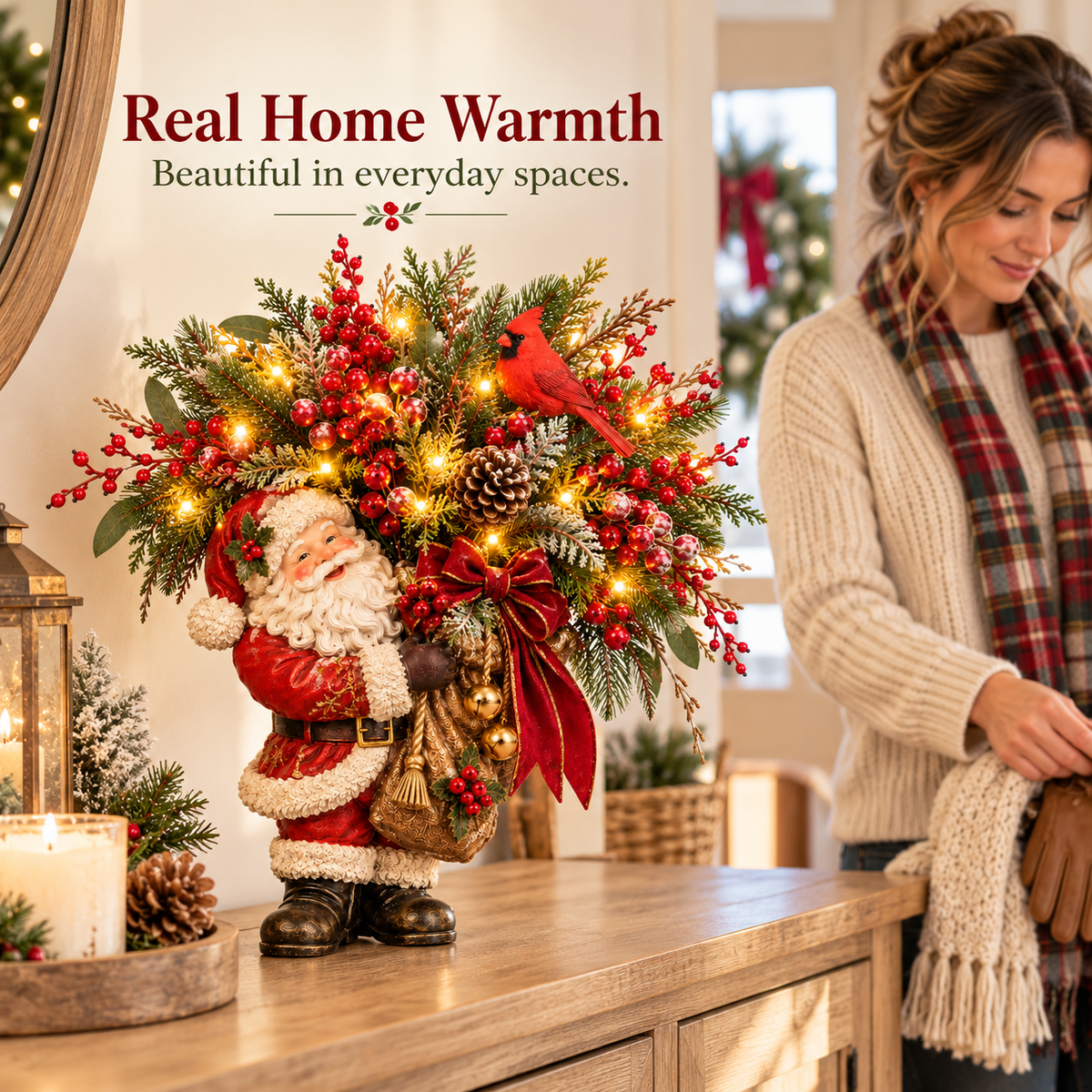 Lighted Santa & Cardinal Christmas Arrangement with Remote & Timer