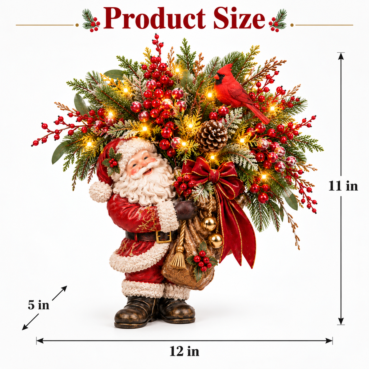 Lighted Santa & Cardinal Christmas Arrangement with Remote & Timer