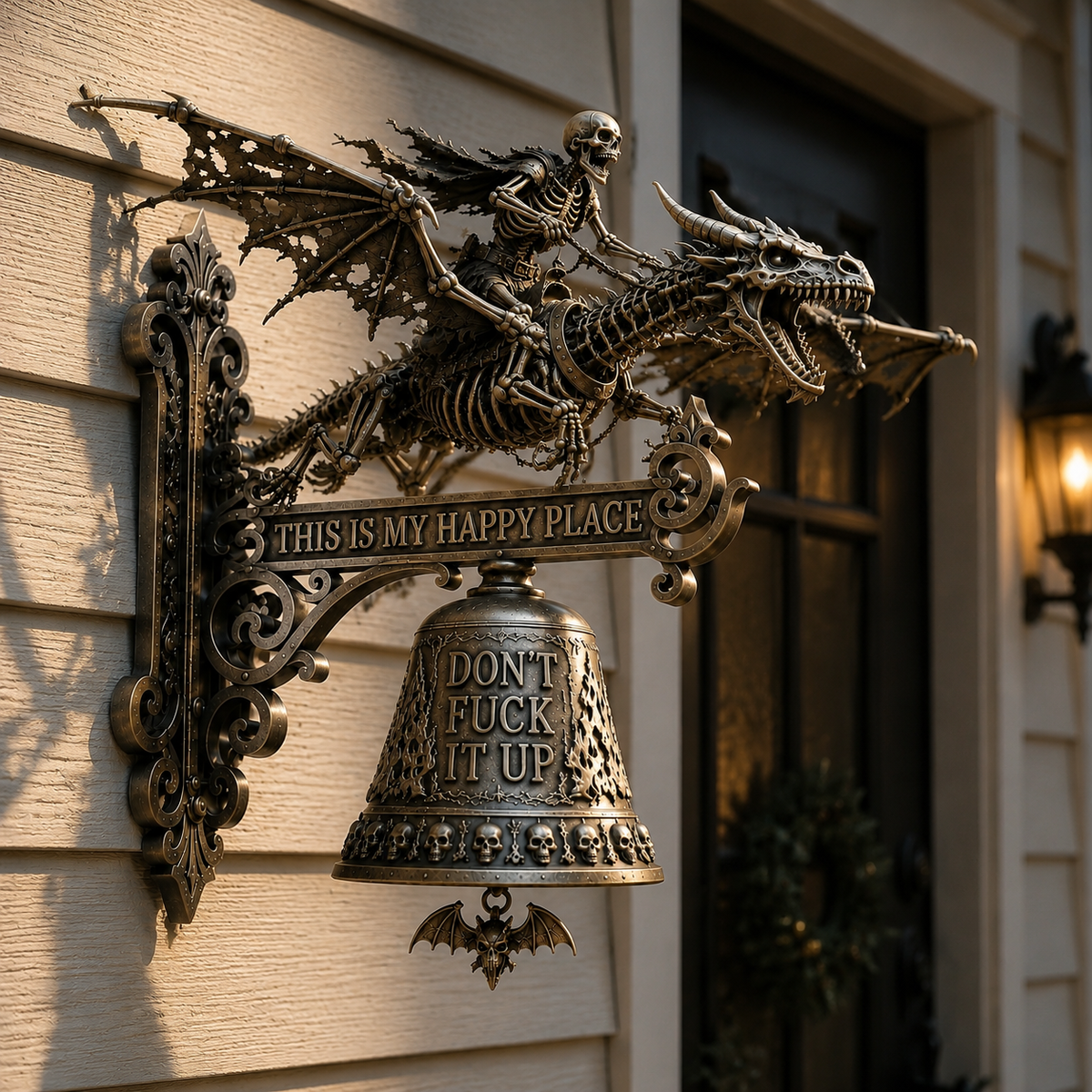 🐉 Gothic Dragon Skull Rider Wall Bell – “This Is My Happy Place” Fantasy Home Decor 🔔