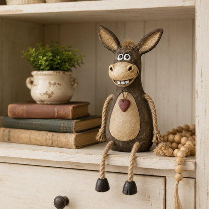 Rustic Donkey Shelf Sitter Figurine with Dangling Rope Legs