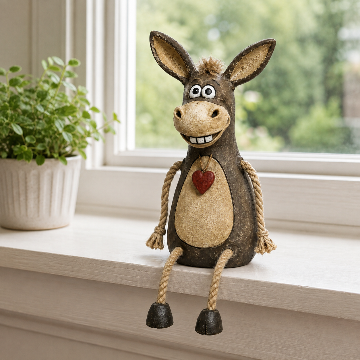Rustic Donkey Shelf Sitter Figurine with Dangling Rope Legs