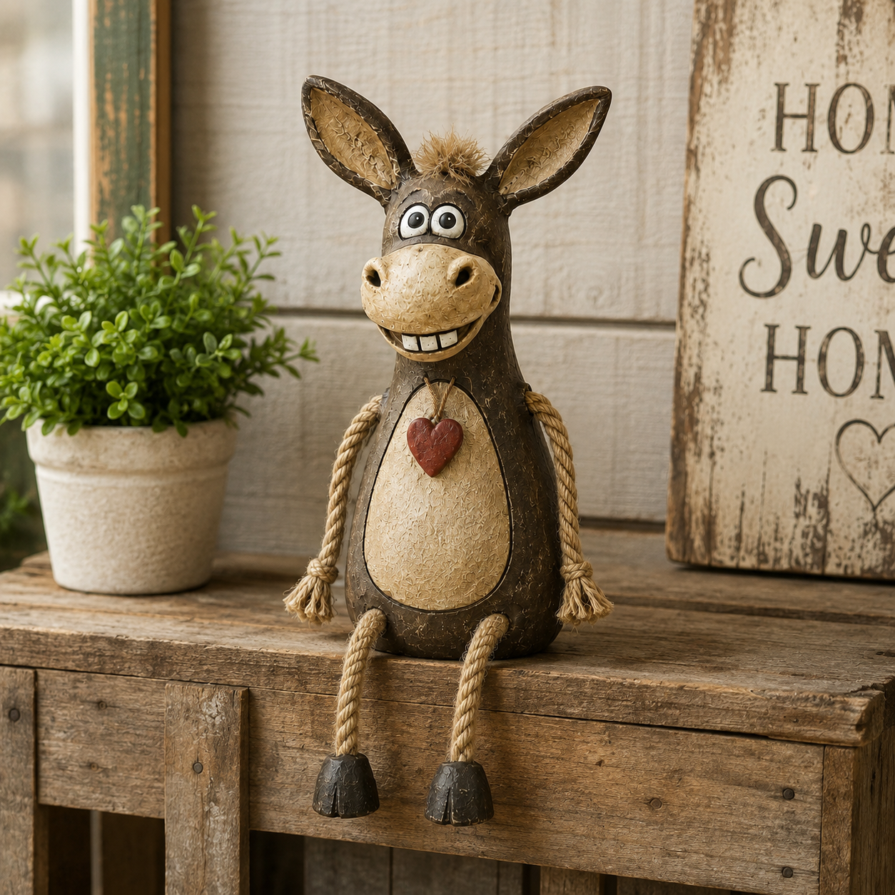 Rustic Donkey Shelf Sitter Figurine with Dangling Rope Legs