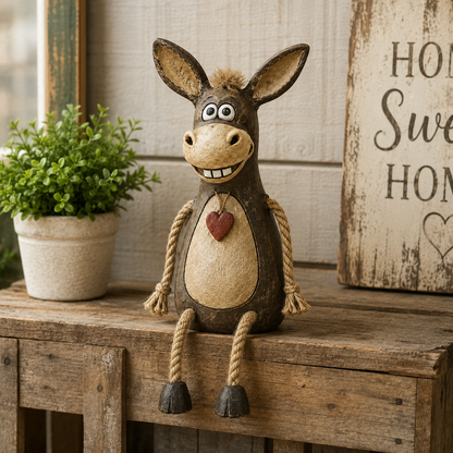 Rustic Donkey Shelf Sitter Figurine with Dangling Rope Legs