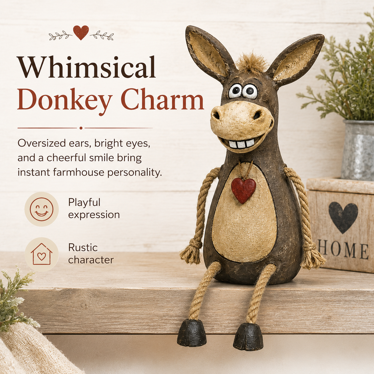 Rustic Donkey Shelf Sitter Figurine with Dangling Rope Legs