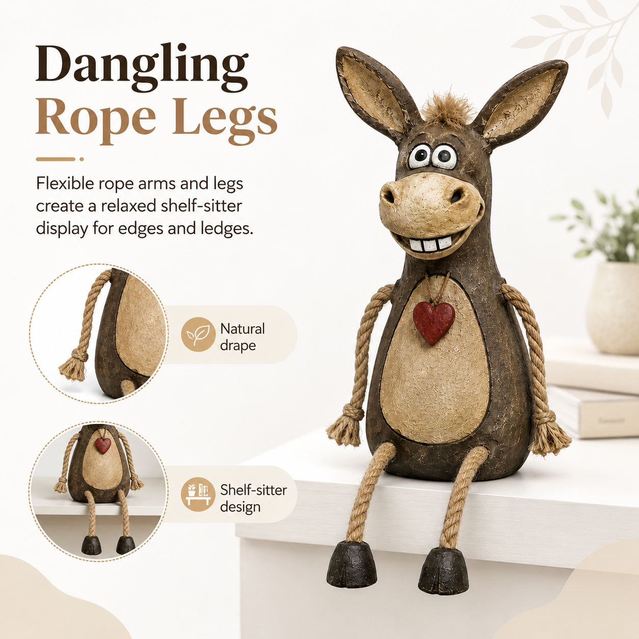 Rustic Donkey Shelf Sitter Figurine with Dangling Rope Legs