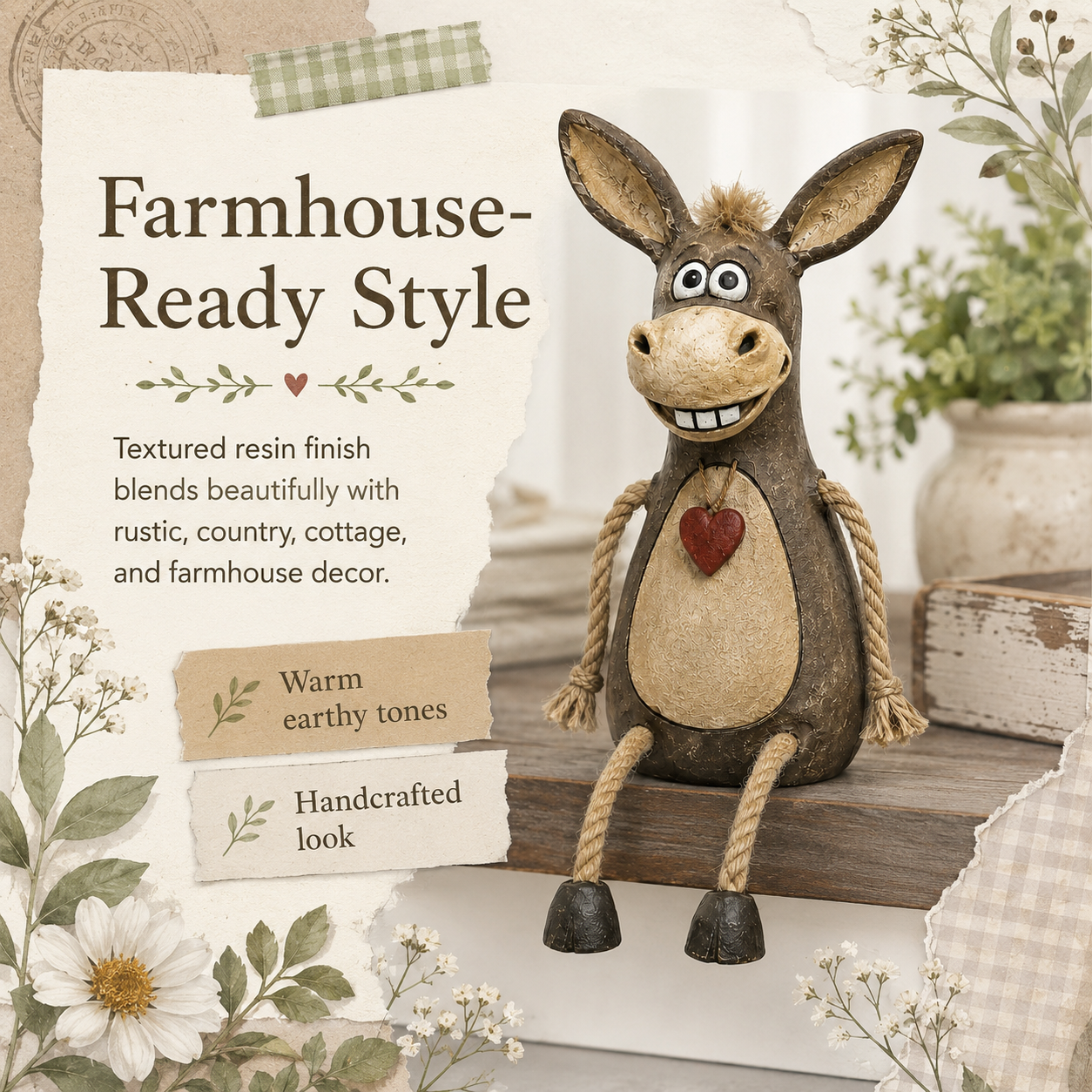 Rustic Donkey Shelf Sitter displayed on a farmhouse shelf