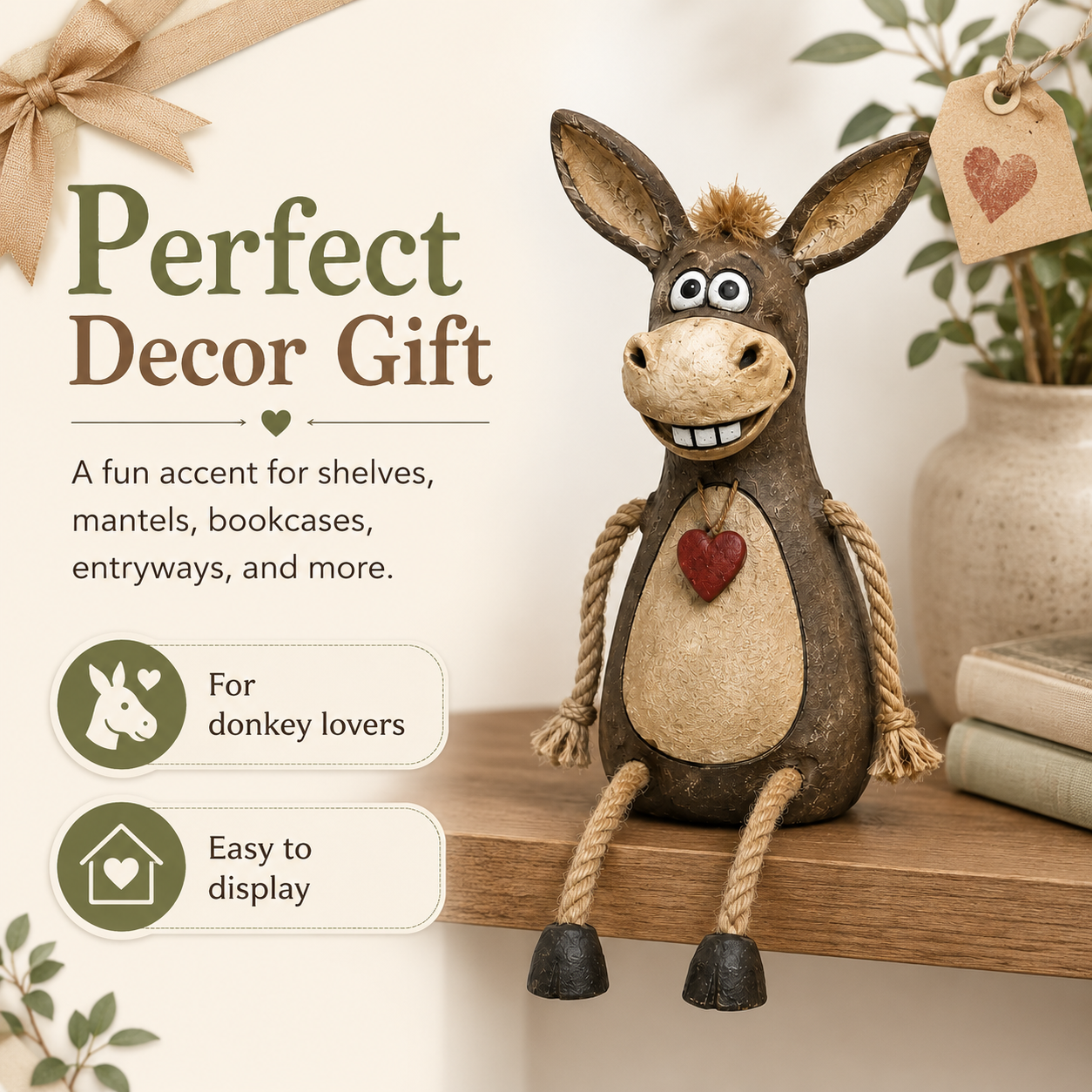 Rustic Donkey Shelf Sitter Figurine with Dangling Rope Legs