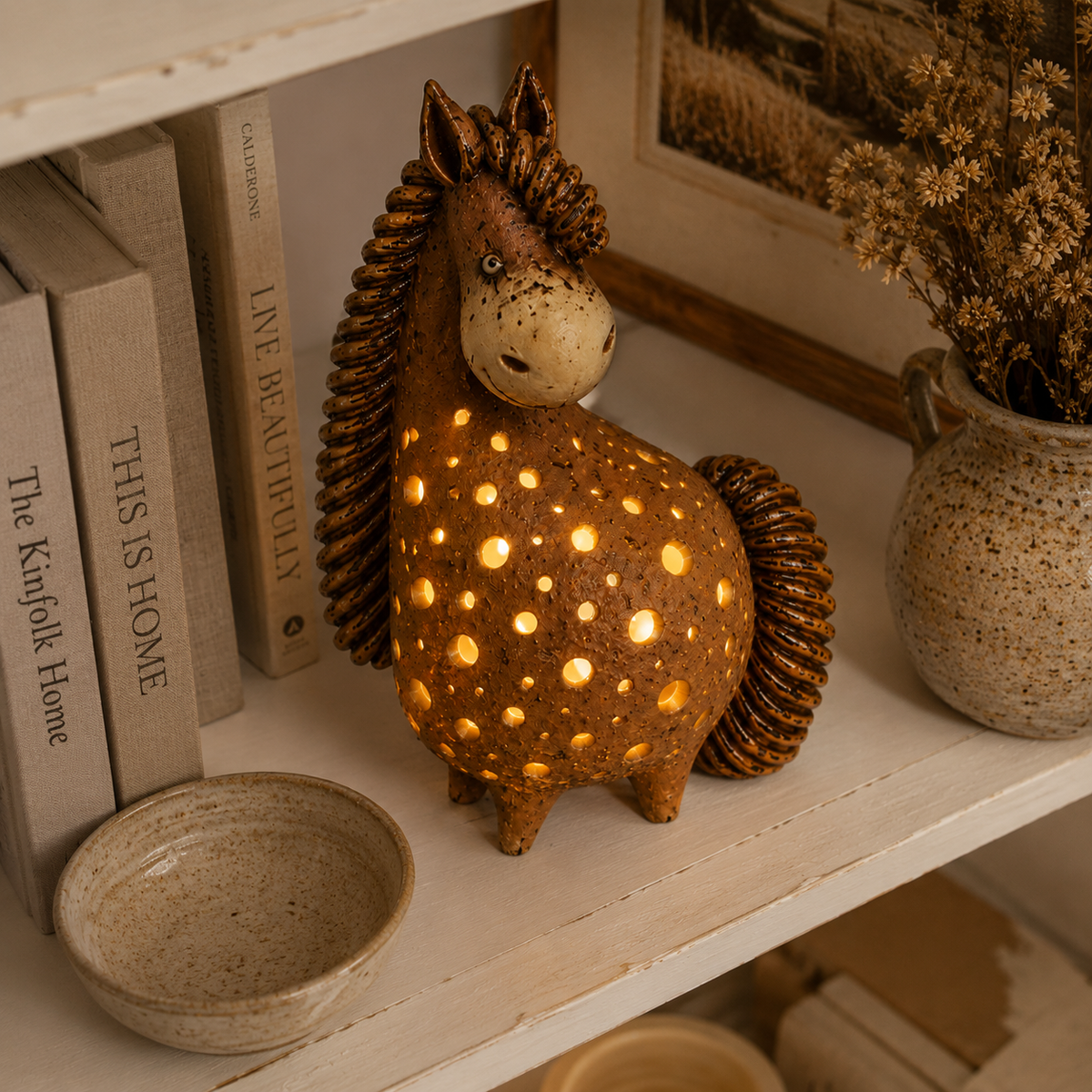 Horse accent light arranged on a rustic bookshelf