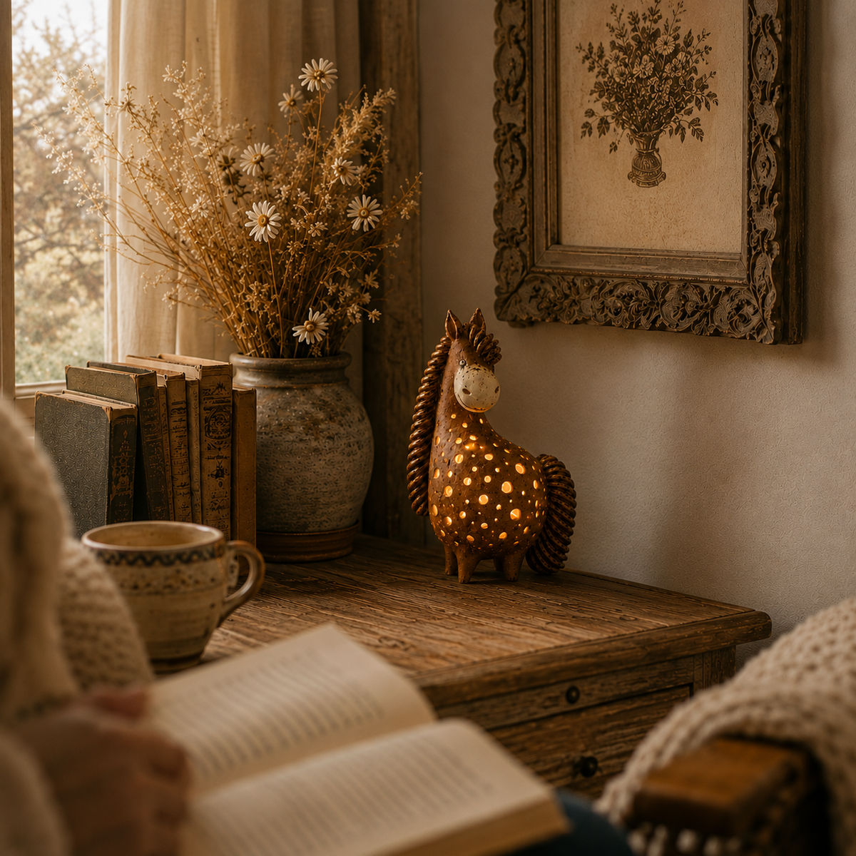 Horse accent light glowing beside a reading chair
