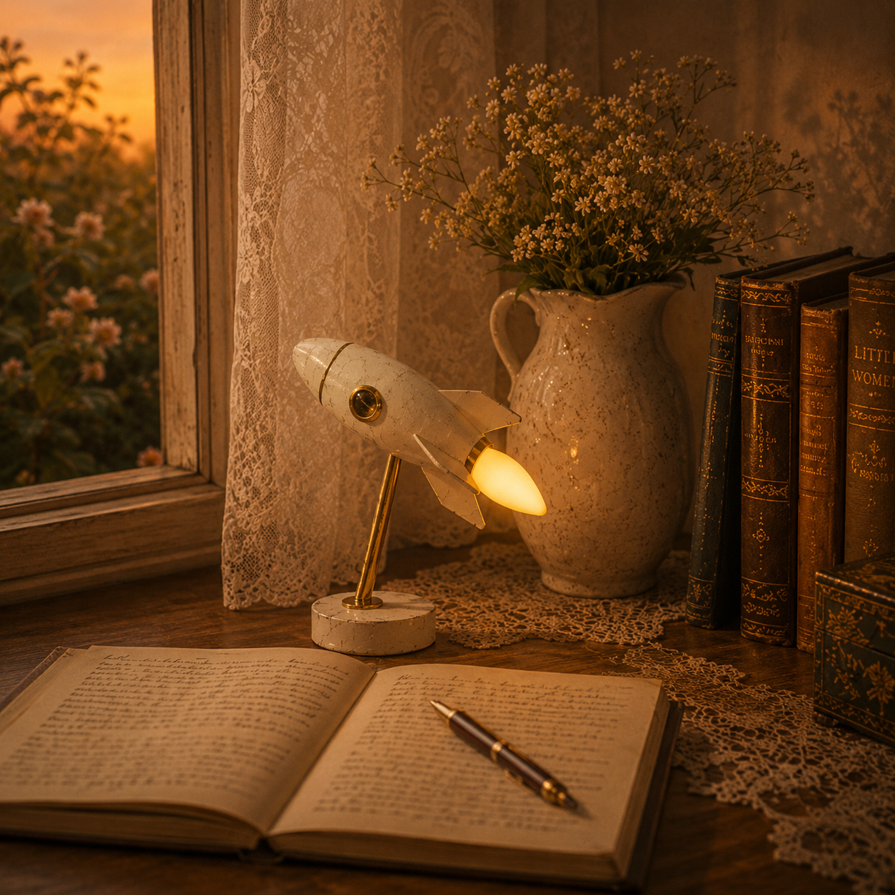 Vintage Rocket Accent Light adding character to an indoor tabletop corner