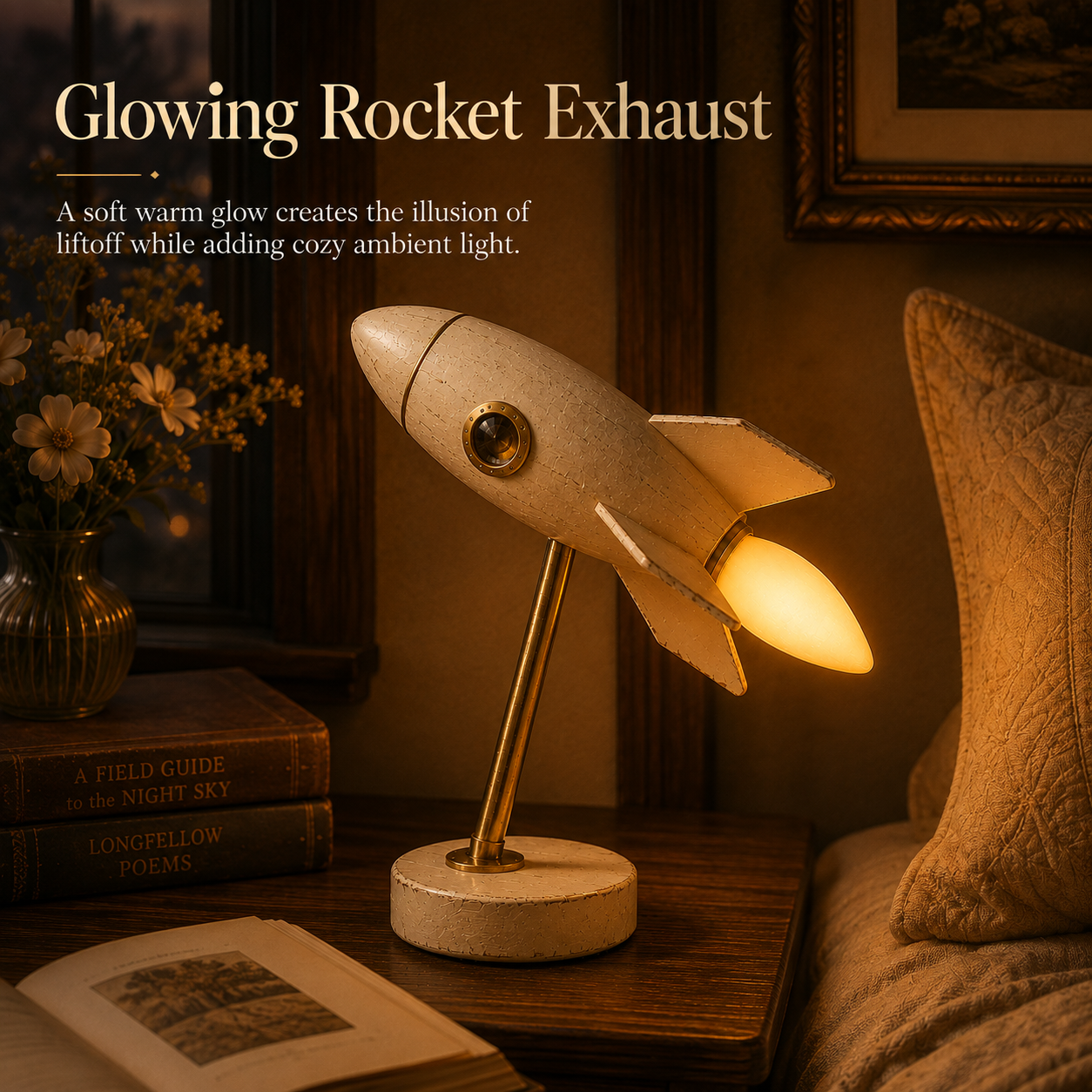 Vintage Rocket Accent Light with illuminated warm-white rocket exhaust