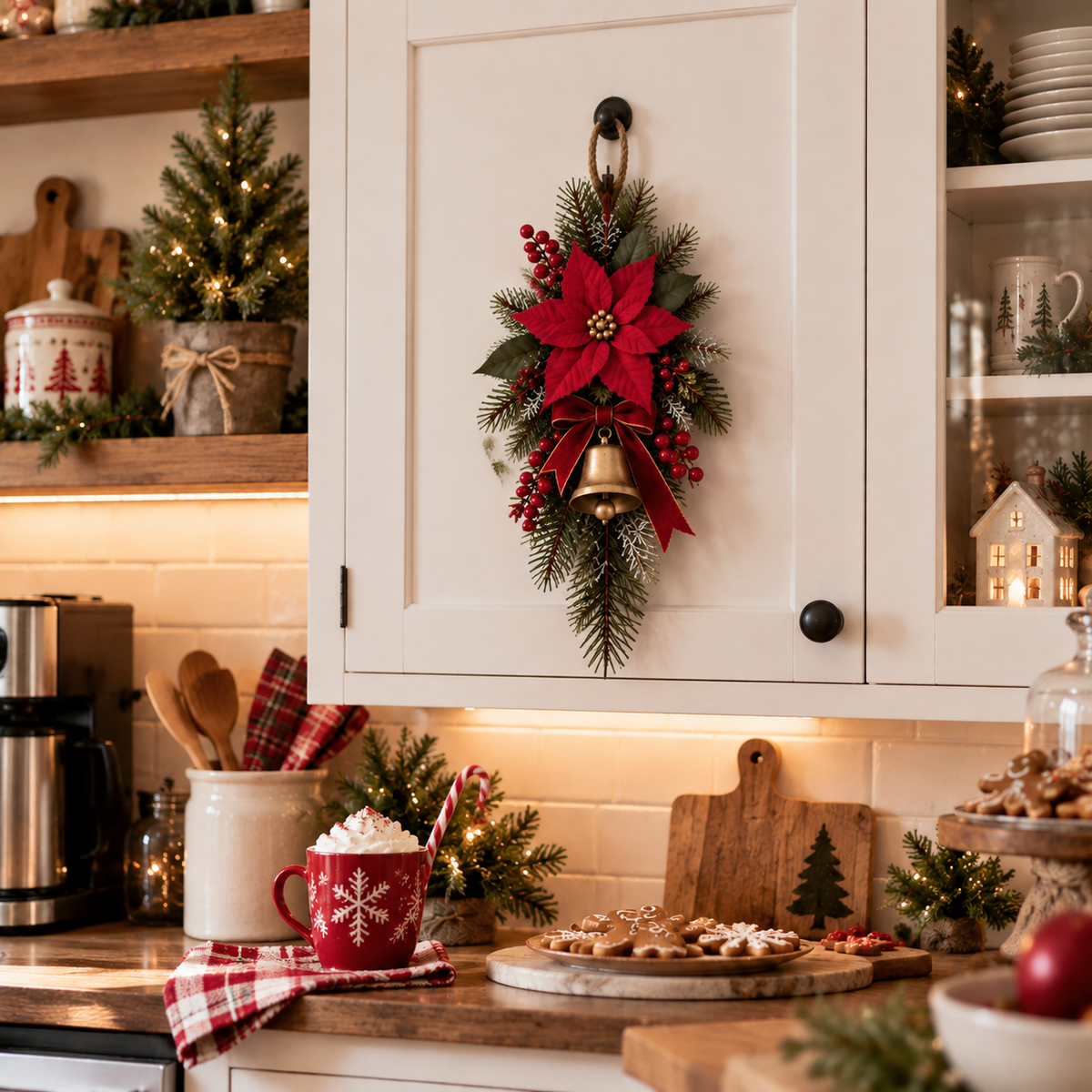Classic Red Poinsettia Christmas Door Swag