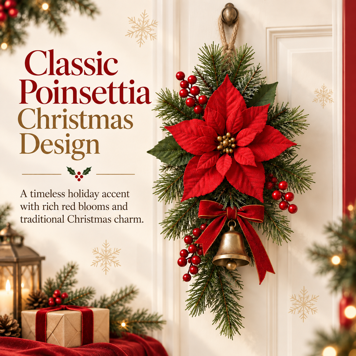 Classic Red Poinsettia Christmas Door Swag