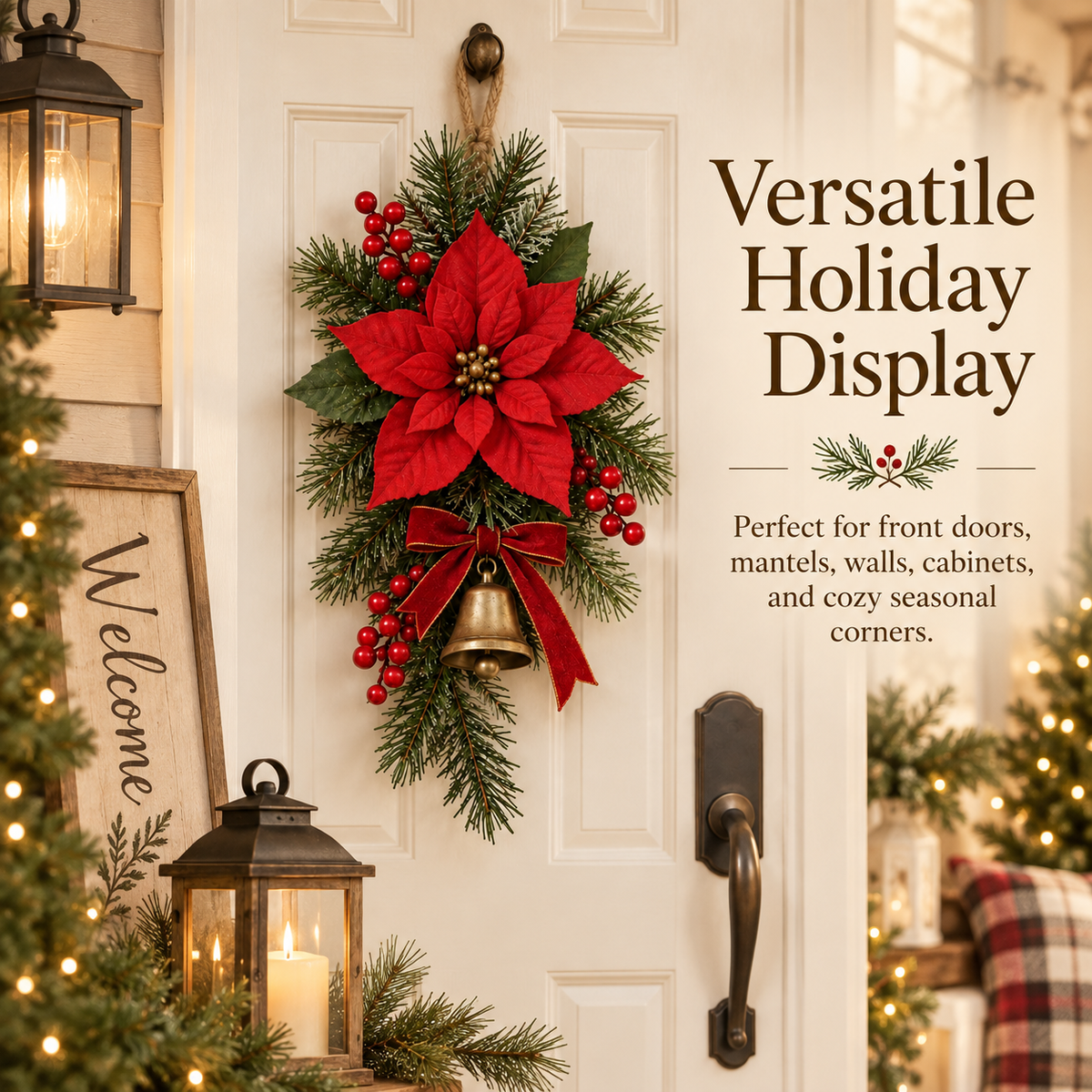 Classic Red Poinsettia Christmas Door Swag