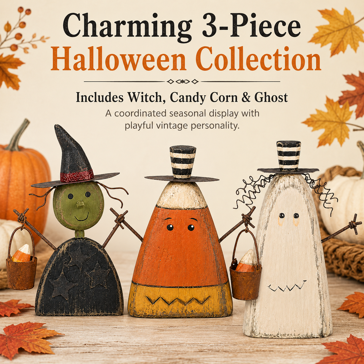 Complete three-piece Halloween wooden figurine set