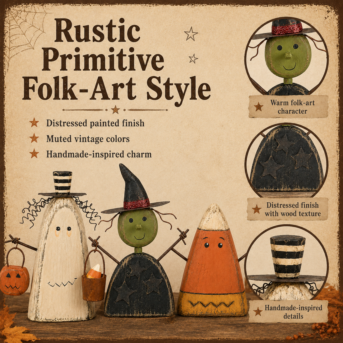 Primitive Halloween Wooden Figurines Set of 3